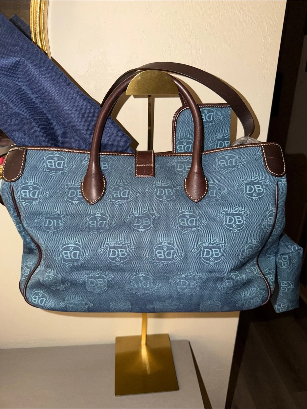 Dooney & Bourke Blue Canvas Duffel with Brown Leather Trim